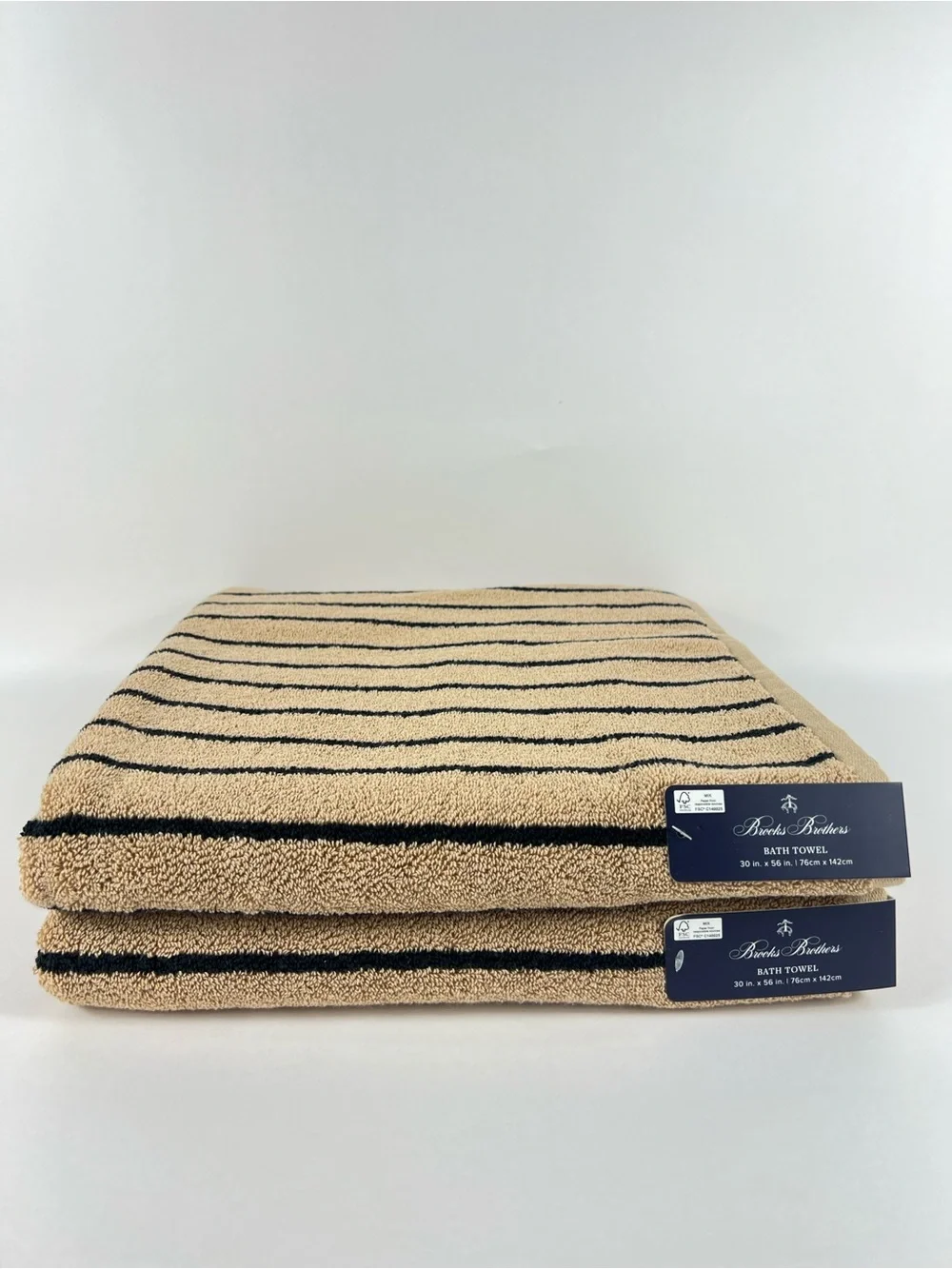Brooks Brothers Bath Towel Set 2 Pc Beige & Black Stripe Soft 100% Cotton NEW
